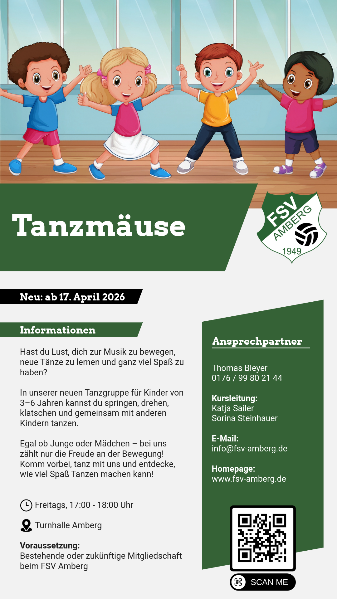 Neuer Tanzkurs für Kinder von 3–6 Jahren